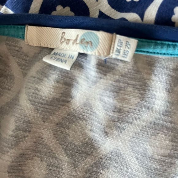 GUC BODEN Faux Wrap Knit Dress, 2 Petite, Blue/White geometric Floral Pattern - Picture 11 of 11